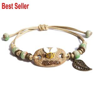 Handcrafted Ceramic Beaded Bracelet with Leaf Charm Adjustable Bohemian Jewelry